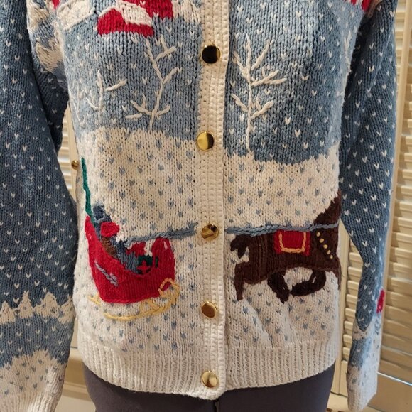 Vintage Orvis One Horse Sleigh w Snowflakes Ramie/Cotton Sweater Size S 6/8 - Picture 2 of 10